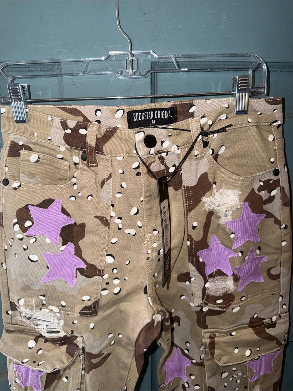 Rockstar Original Women’s Beige Camo Boot Cut Jeans with Purple Star Appliqué